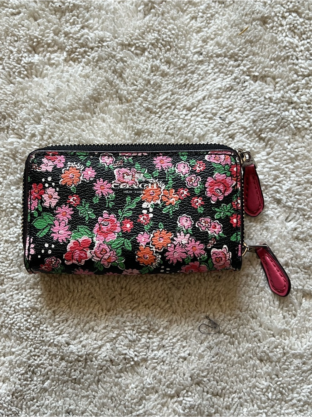 COACH Black Floral Zip Wallet with Pink and Green Accents
